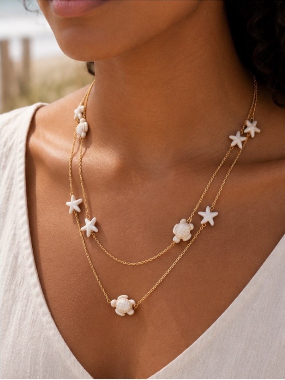 New! Coastal Neutral Gold Chain Star Turtle Wrap Necklace NWOT 1069